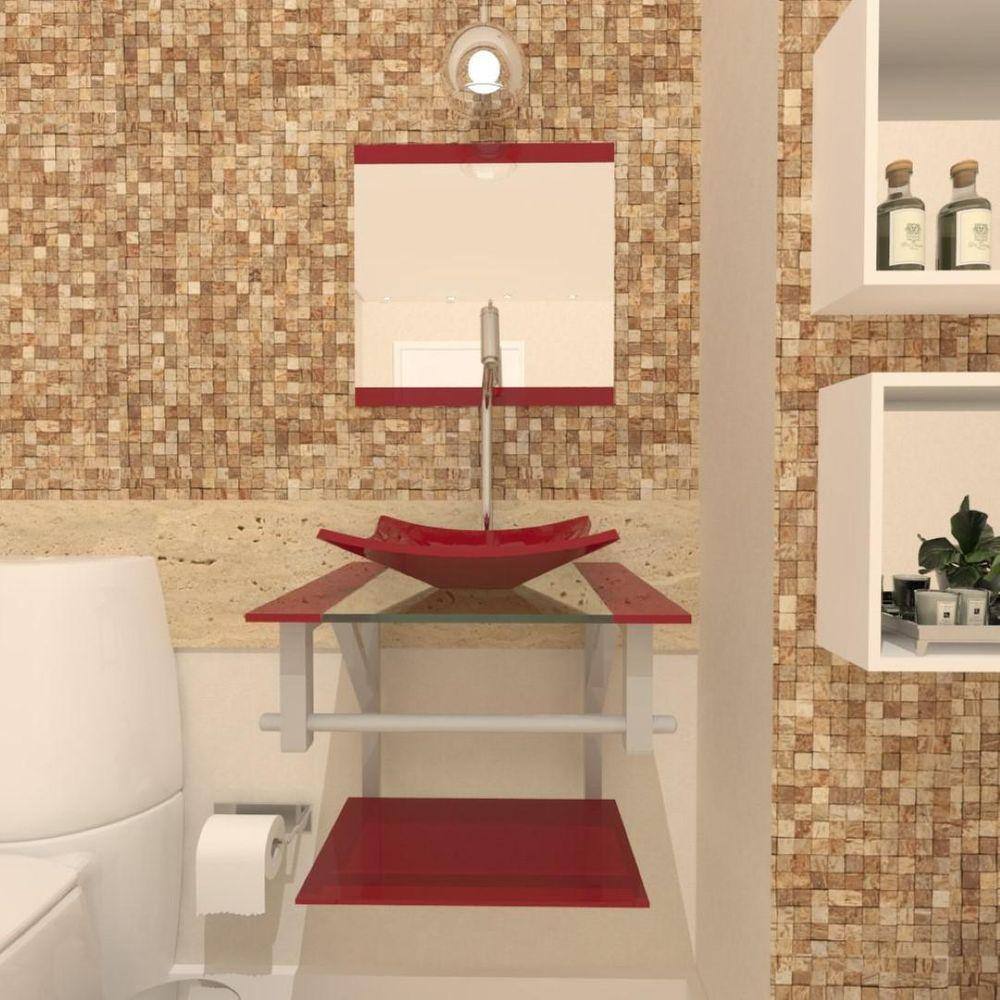 Gabinete De Vidro 40Cm Ac Com Cuba Quadrada Vermelho Cereja