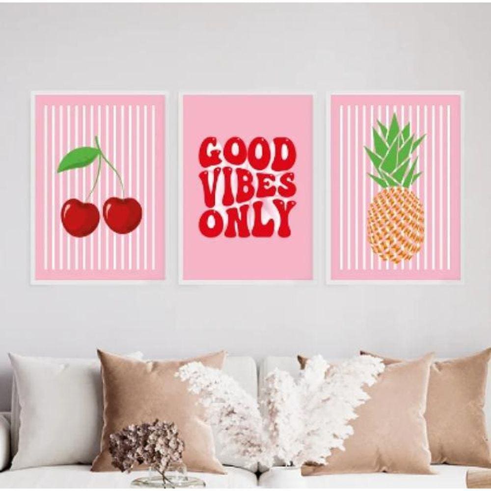 Kit 3 Quadros Cereja Abacaxi Good Vibes 33X24Cm Vidro Branca
