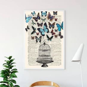 Quadro Decorativo Gaiola Com Borboletas 33X24 C/Vidro Branca