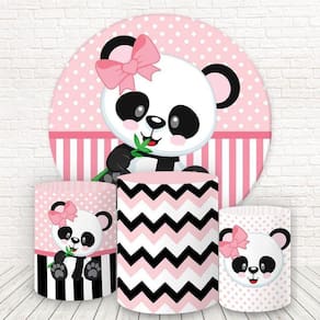Painel Redondo E Capas Tecido Sublimado Panda Rosa Fkpc-788