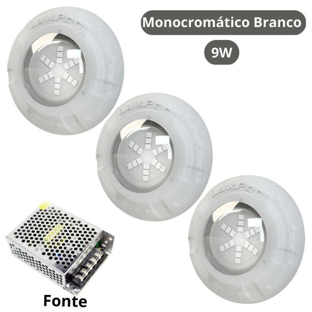 Kit Iluminação Branco Piscina 48M 3 Leds Com Fonte Luxpool