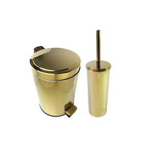 Kit Lavabo Inox Dourado Lixeira 5L E Suporte Escova Fineza