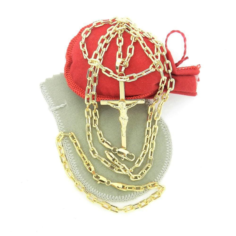 Corrente Masculina 70Cm 4Mm Cruz Pulseir Folheada Ouro Cr625