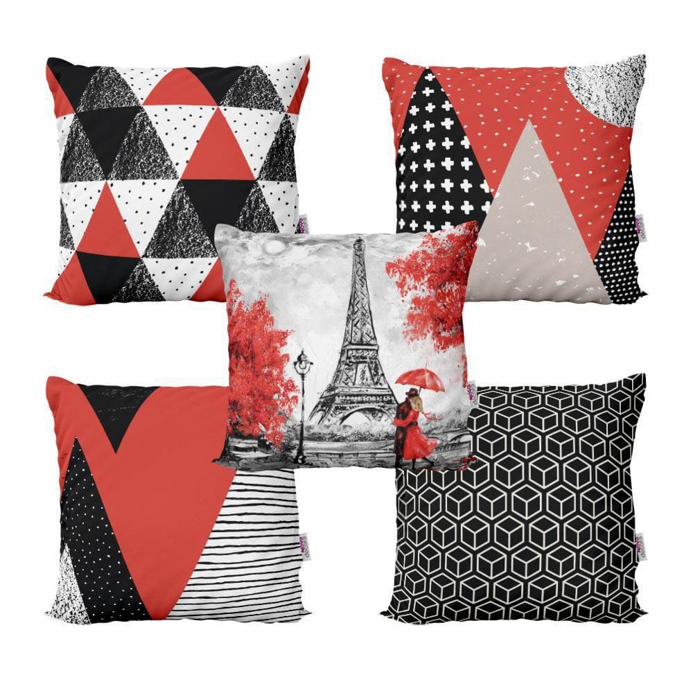 Kit 5 Almofadas Decorativas Vermelha/Preta Geométrica  40X40