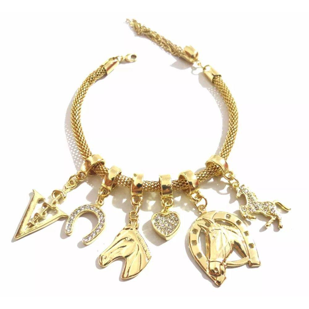 Pulseira Veterinária Cavalo Ferradura Folheado A Ouro 18k