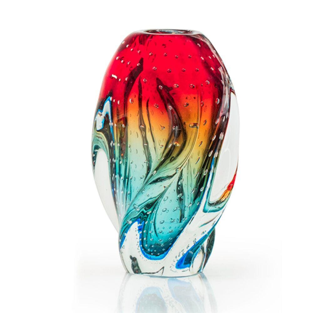 Vaso Em Cristal Murano Água Marinha E Vermelho São Marcos