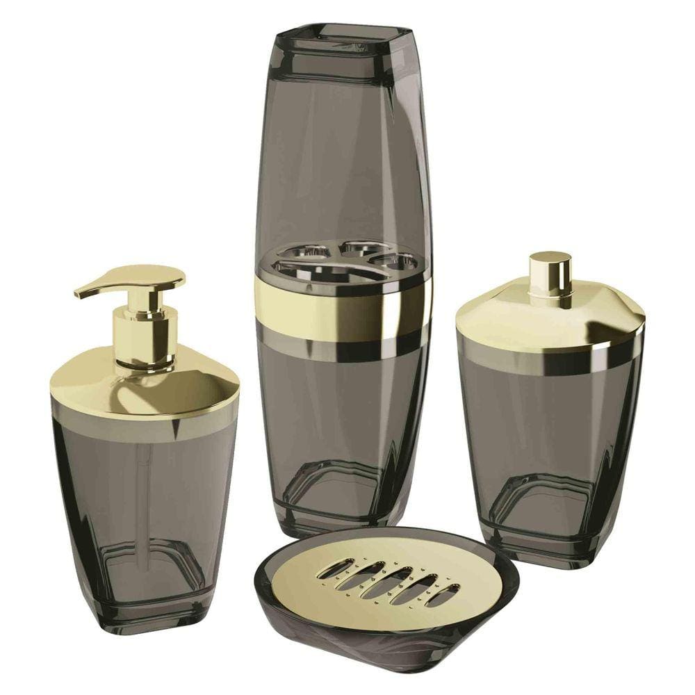 Kit Higiene Para Banheiro 4 Pçs Com Porta Escova Uz Dourado