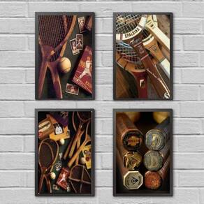 Kit 4 Quadros Esporte Tênis Vintage 45X34Cm Com Vidro Preta