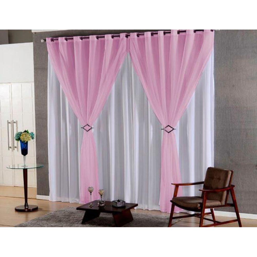 Cortina Quarto Voal Liso Com Forro Rose/Branco 3,00X2,20