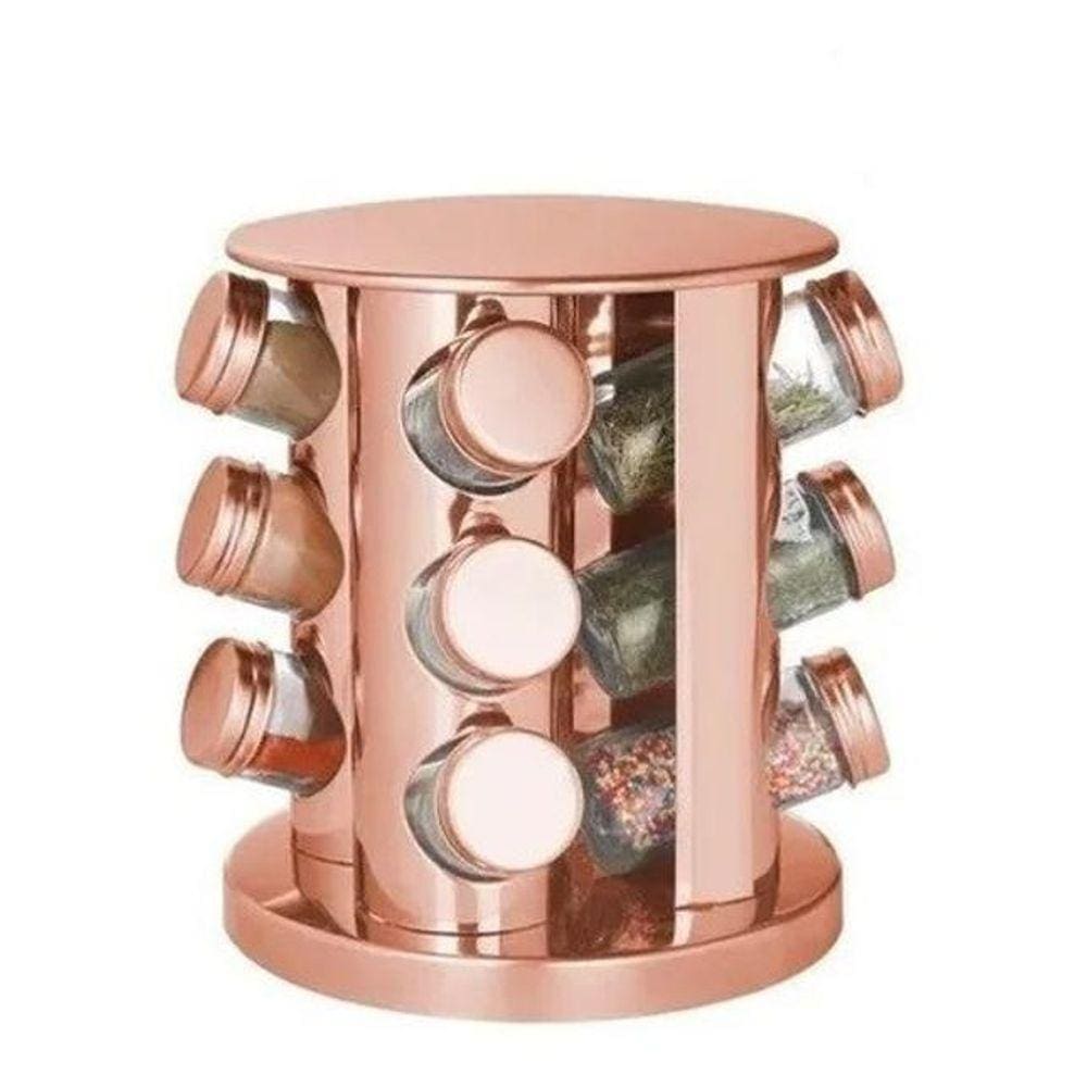Porta Tempero E Condimento Inox Cor Rose Giratório 12 Potes