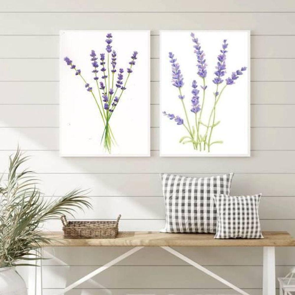 Kit 2 Quadros Ramos Lavanda 45X34 Com Vidro Branca