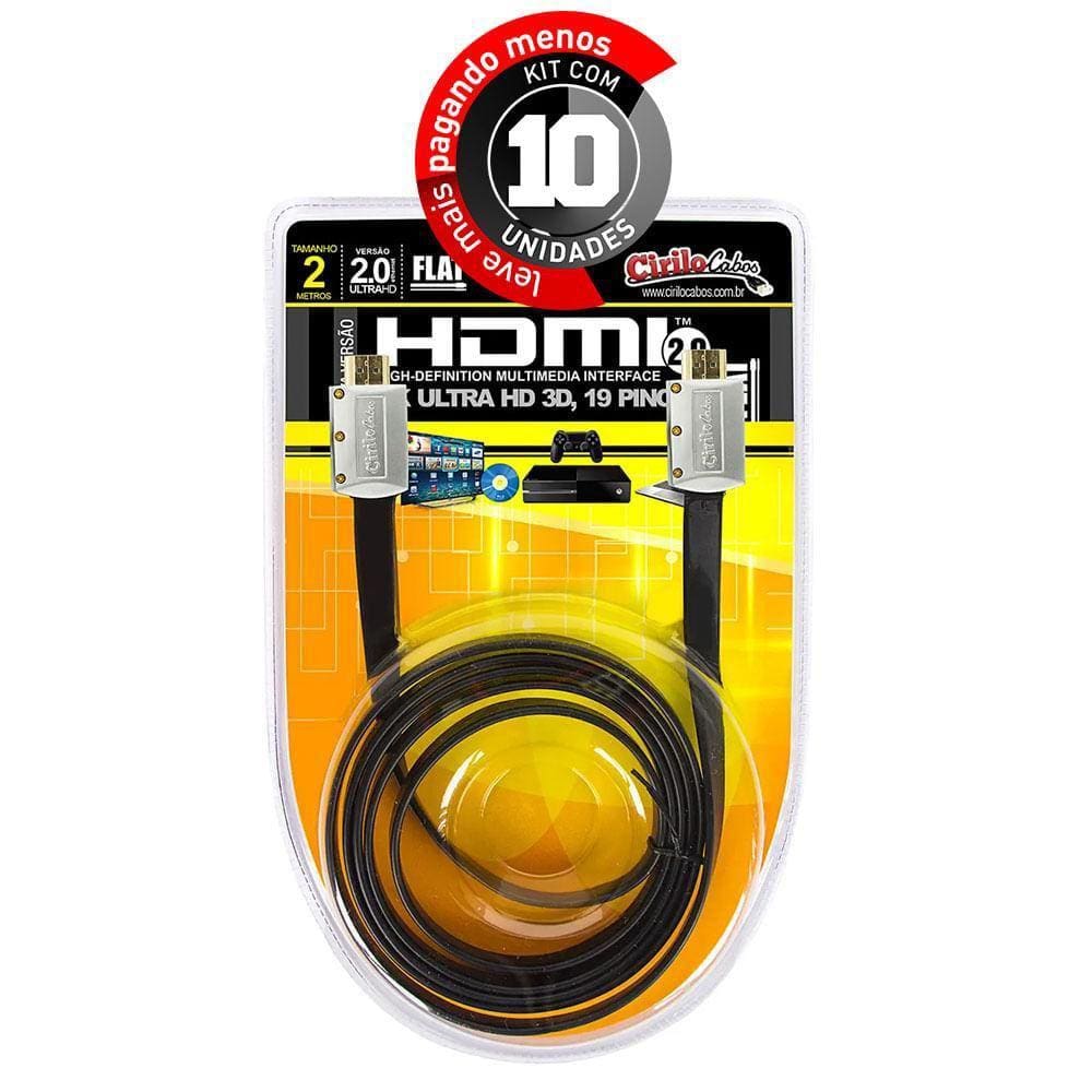 Kit Com 10 Cabos Hdmi 2.0 Flat Desmontável,19 Pinos 4K, 2Mts