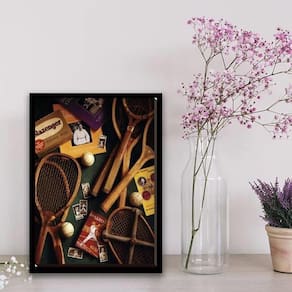 Quadro Raquetes Tênis Vintage 45X34Cm - Com Vidro Preta