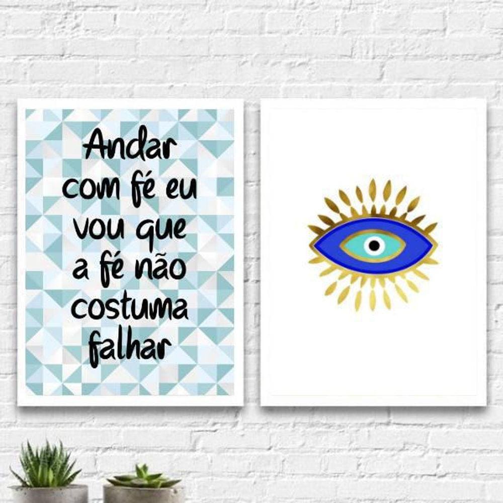 Kit 2 Quadros Olho Grego Andar Com Fé 45X34Cm Moldura Branca