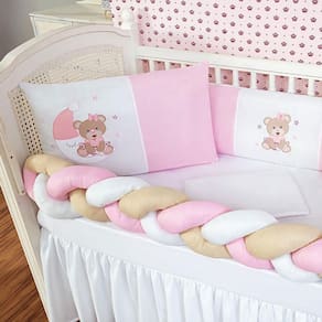 Kit Protetor Berço Padrão Americano Ursinha Lua Rosa 6 Pçs