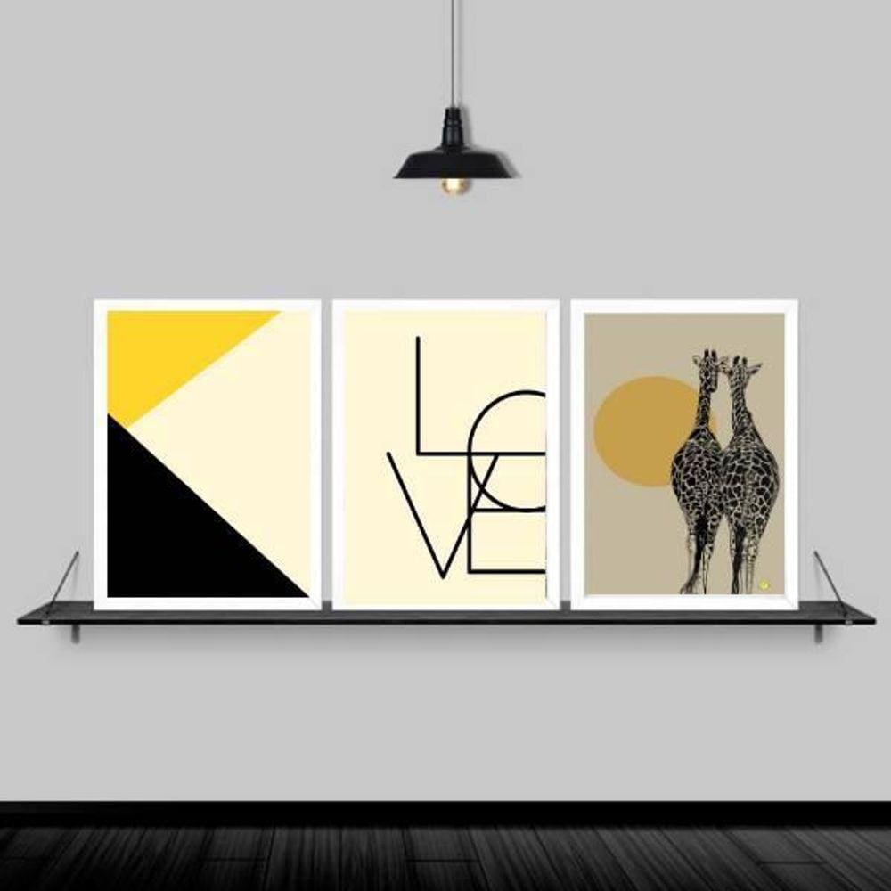 Kit 3 Quadros Girafas Love Geométrico 45X34Cm Moldura Branca