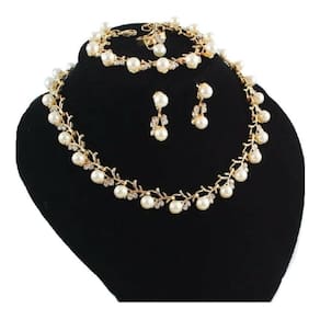 Conjunto Colar Brinco Pulseira Noiva Pérola Dourado Strass