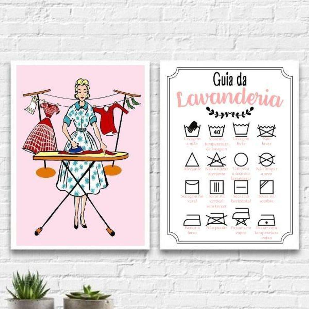 Kit 2 Quadros Guia Da Lavanderia Vintage 33X24Cm - Com Vidro