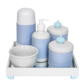 Kit Higiene Bebê Potes Porcelana Bandeja Espelho Coroa Azul