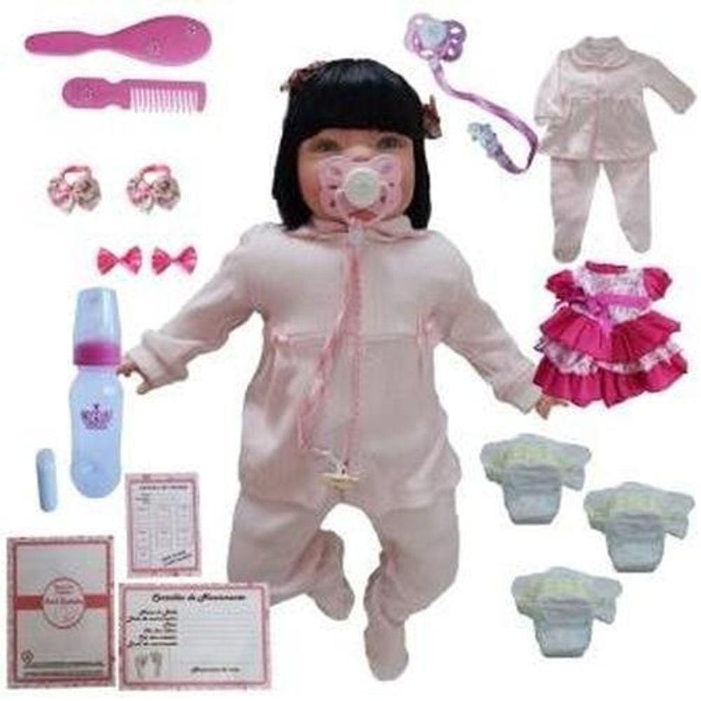 Boneca bebe reborn morena com cilios roupa rosa 16 itens