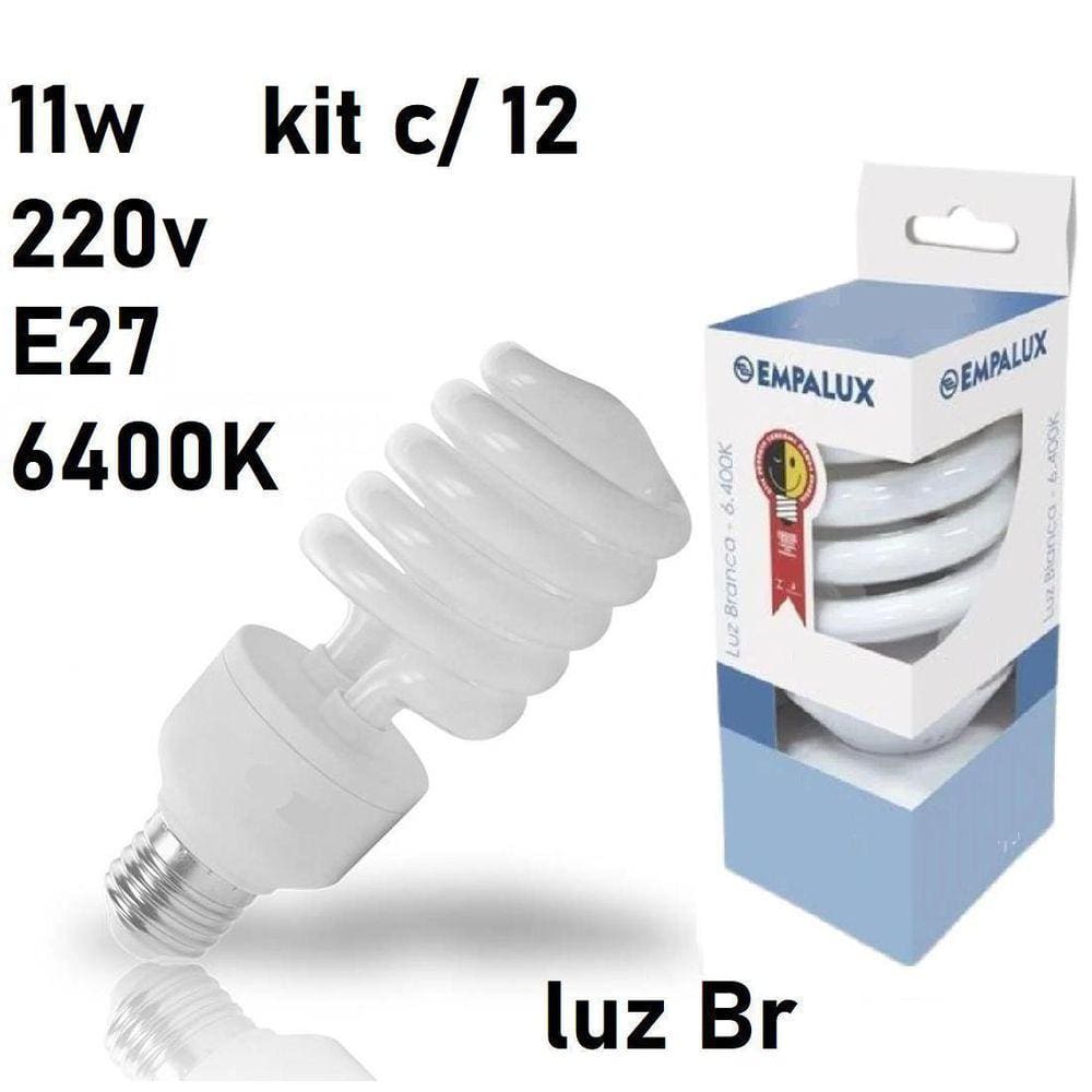 12 Lâmpadas Fluorescente 11W 220V 6400K Espiral E27 Branca