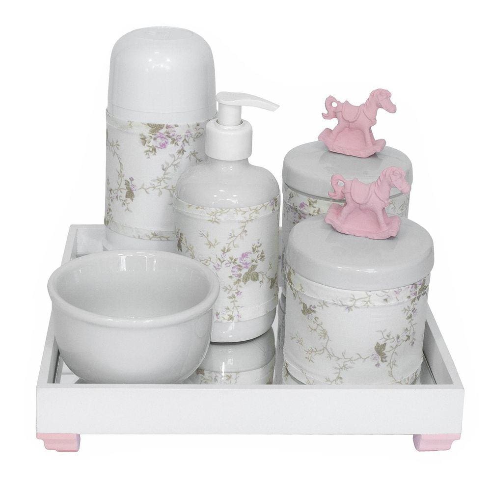 Kit Higiene Bebê Porcelanas Térmica Bandeja Cavalinho Rosa