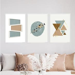 Kit 3 Quadros Abstratos Geométricos Pássaros 45X34Cm Branca