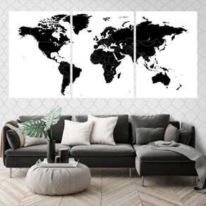 Quadros Mapa Mundi Preto Moldura Branca 24X18Cm 3 Peças