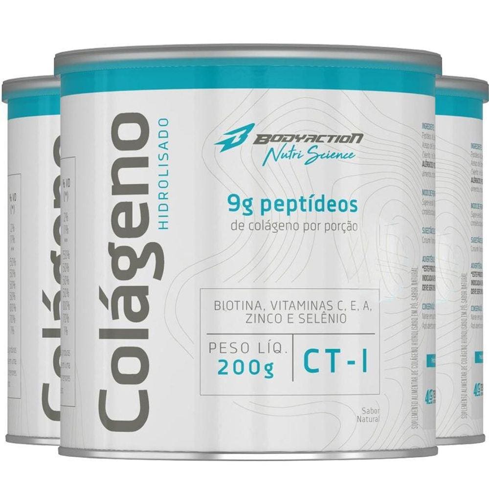 Kit 3Colágeno Hidrolisado Peptídeos Em Pó 200G Sabor Natural