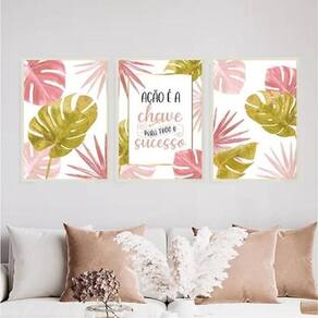 Kit 3 Quadros Ação É A Chave Para O Sucesso 45X34Cm Branca