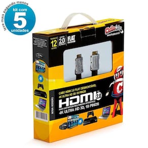 Kit Com 5 Cabos Hdmi 2.0 Flat Desmontável,19 Pinos 4K, 12Mts