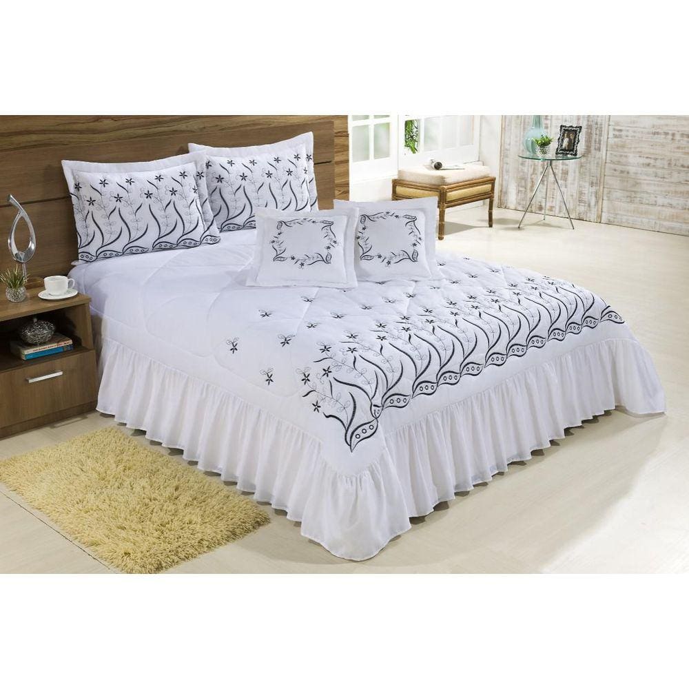 Kit Cobre Leito Casal Padrão Desejos 7 Peças Branco Preto