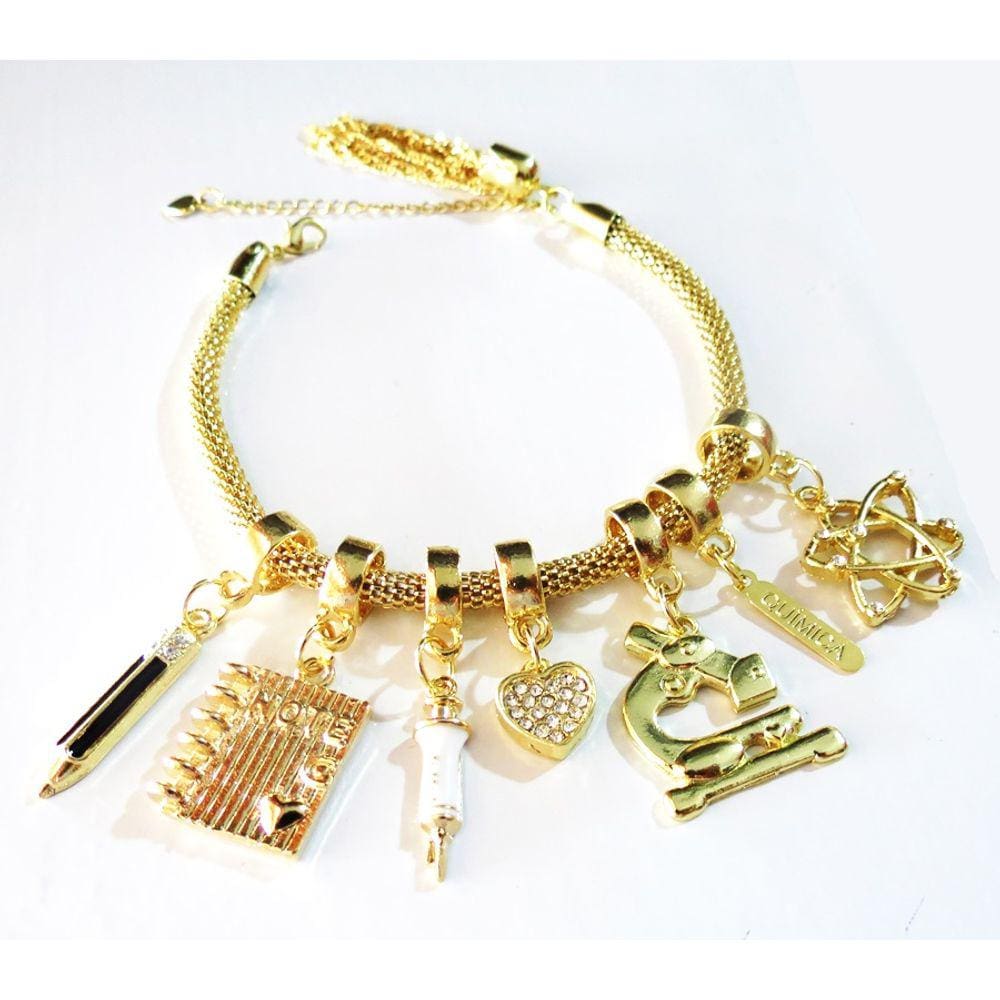 Pulseira Profissão Química Coração Pesquisa Folheado 18k