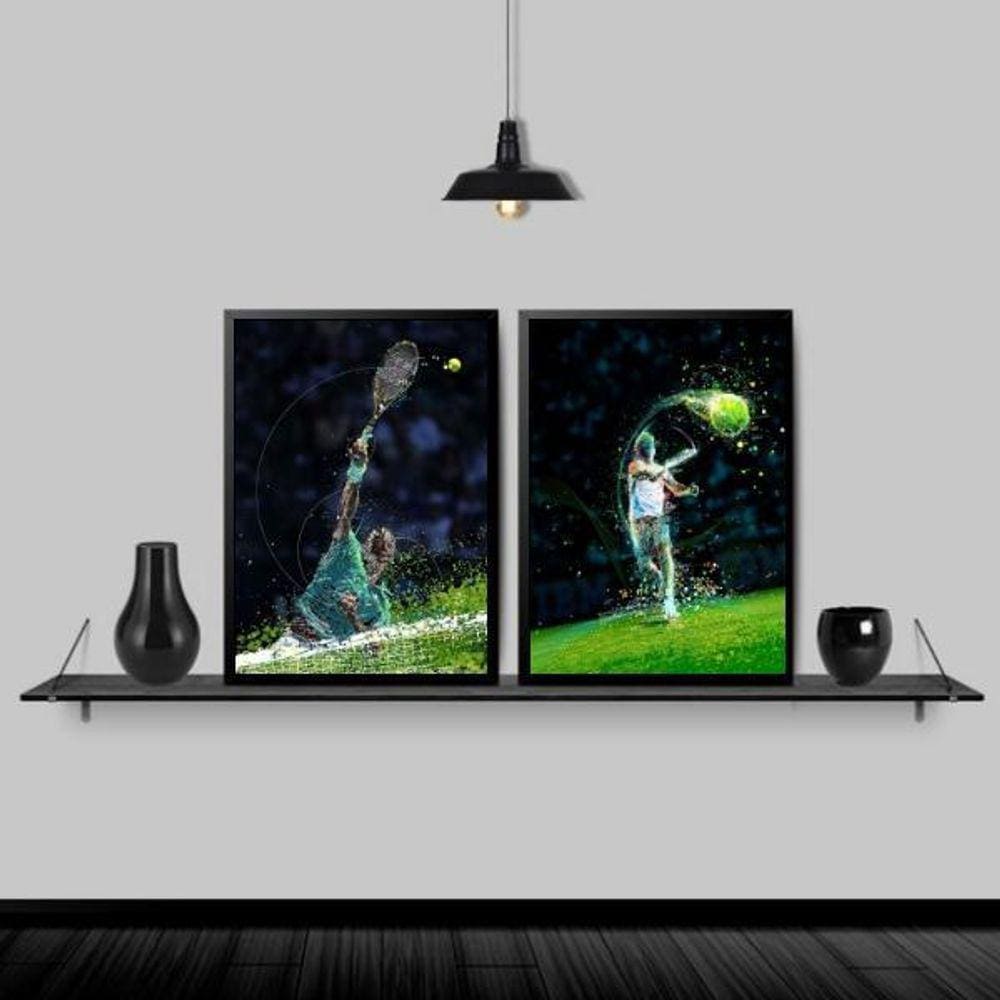 Kit 2 Quadros Decorativos Tenistas 45X34Cm - Com Vidro Preta