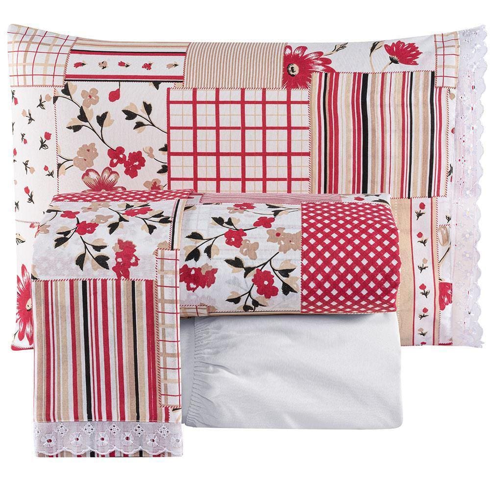 Jogo De Cama Casal Fascínio Algodão 04 Pçs Patchwork/Branco