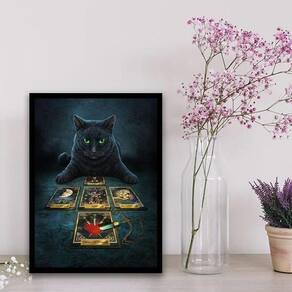 Quadro Gato Preto Com Tarot 45X34Cm - Com Vidro Preta