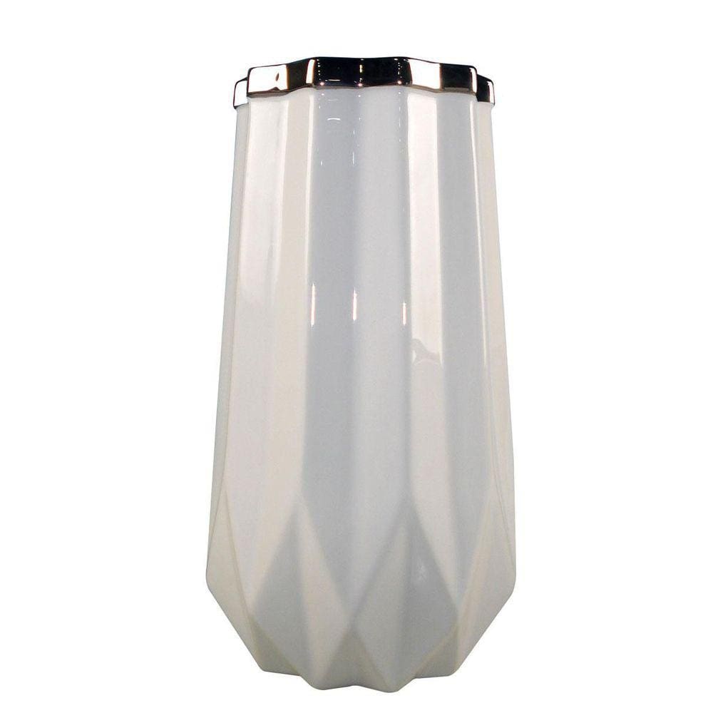 Vaso De Cerâmica Branco Com Borda Prata 14,5X26CM