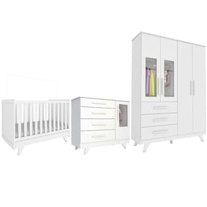 Quarto Bebê Retrô Janelado Completo com Guarda Roupa 4 Portas Berço Mini Cama Cômoda 4 Gavetas Móveis Peroba