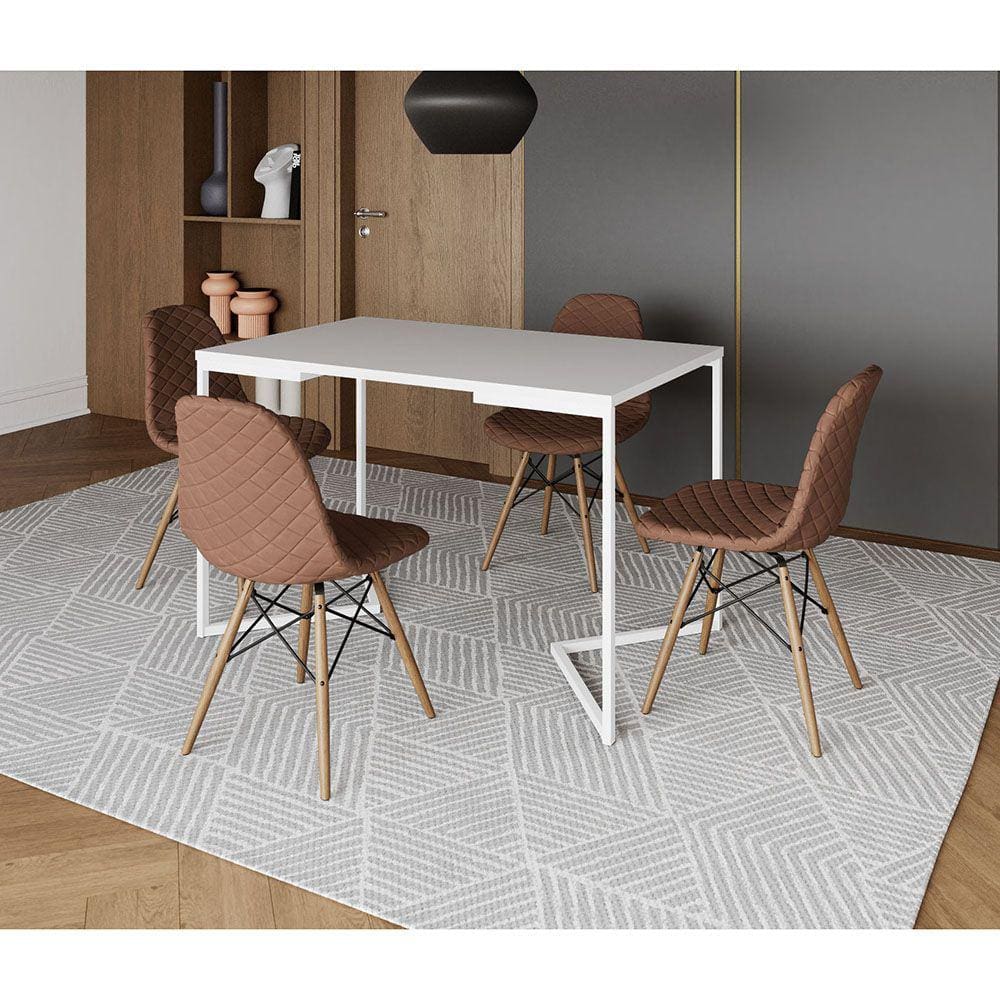 Mesa Jantar Industrial + 4 Cadeiras Estofadas Caramelo Madeira Tampo Branco 120x75 Base V Aço Branco