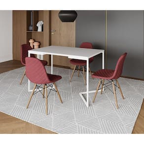 Mesa Jantar Industrial + 4 Cadeiras Estofadas Vermelha Madeira Tampo Branco 120x75 Base V Aço Branco