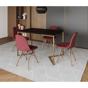 Mesa Jantar Industrial C/ 4 Cadeiras Estofada Vermelha Madeira Tampo Preto 120x75 Base V Aço Dourado