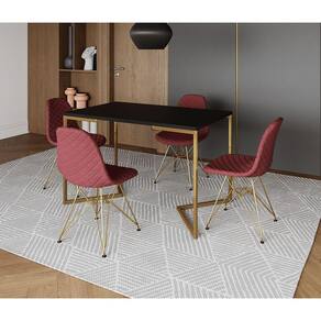 Mesa Jantar Industrial Retangular Preta 120x75 Base V + 4 Cadeiras Estofada Eames Vermelhas Aço Dour