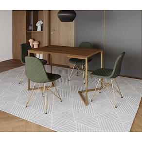 Mesa Jantar Industrial Retangular Amêndoa 120x75 Base V com 4 Cadeiras Estofadas Verde Aço Dourado