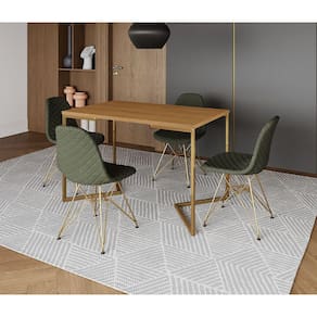 Mesa Jantar Industrial Retangular Canela 120x75 Base V com 4 Cadeiras Estofadas Verde Aço Dourado
