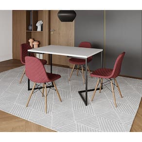 Mesa Jantar Industrial com 4 Cadeiras Estofadas Vermelha Madeira Tampo Branco 120x75 Base V Aço Pret