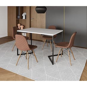 Mesa Jantar Industrial com 4 Cadeiras Estofadas Caramelo Madeira Tampo Branco 120x75 Base V Aço Pret