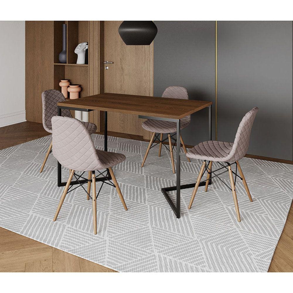 Mesa Jantar Industrial com 4 Cadeiras Estofadas Nude Médio Madeira Tampo Amêndoa 120x75 Base V Aço P