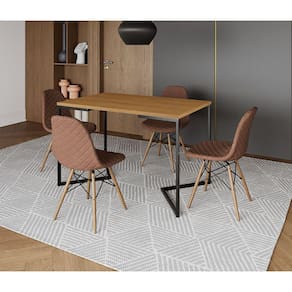 Mesa Jantar Industrial com 4 Cadeiras Estofadas Caramelo Madeira Tampo Canela 120x75 Base V Aço Pret