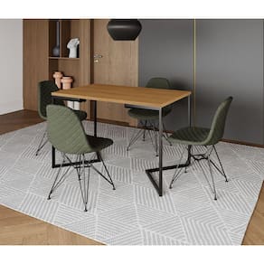 Mesa Jantar Industrial Retangular Canela 120x75 Base V com 4 Cadeiras Estofadas Verde Aço Preto
