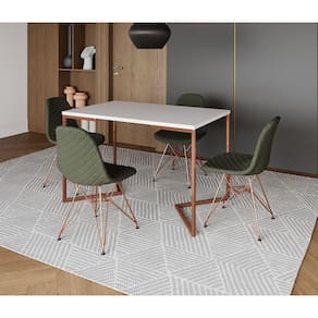 Mesa Jantar Industrial Retangular Branca 120x75 Base V com 4 Cadeiras Estofadas Verdes Base Cobre